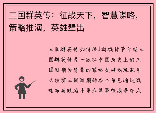 三国群英传：征战天下，智慧谋略，策略推演，英雄辈出